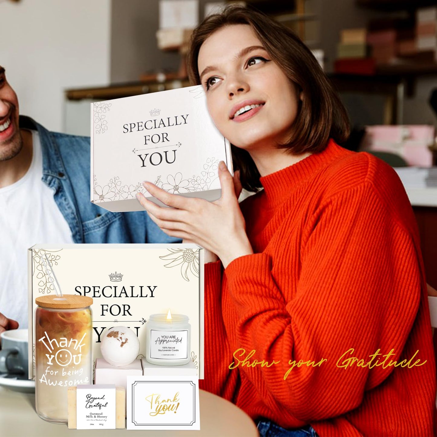 iAOVUEBY Thank You Gifts for Women, Employee & Teacher Appreciation Gift Set for Coworker Boss Mentor Secretary, Thank You Gift Box with Being Awesome Glass Candle Card