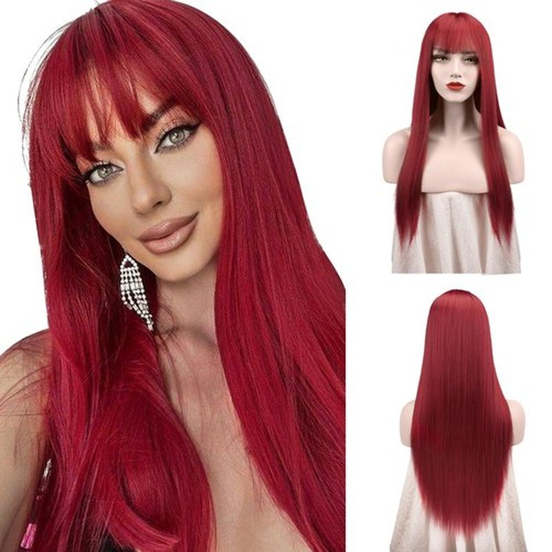 SOFEIYAN 26 inches Long Straight Wig with Bangs Red Synthetic Hair Replacement Wigs Heat Resistant Full Wig for Women Girls