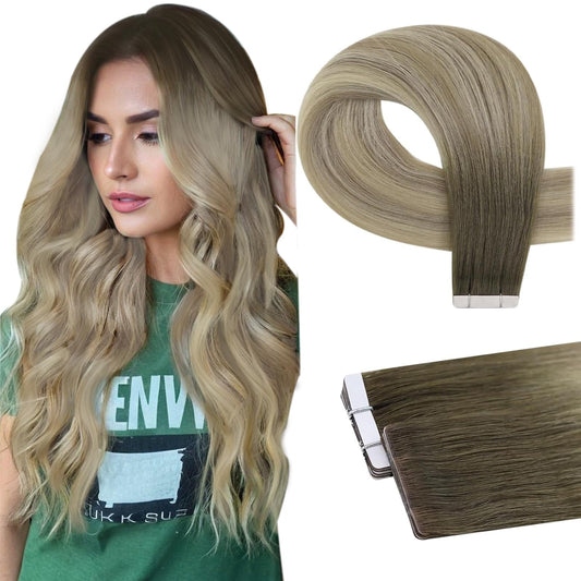 Full Shine Insert Tape in Hair Extensions Color 4/7/80 Medium Brown and Blonde Seamless Virgin Human Hair Tape in Extensions 20Inch Soft Straight Human Hair Extensions Tape in 25Gram 10Pcs for Wedding