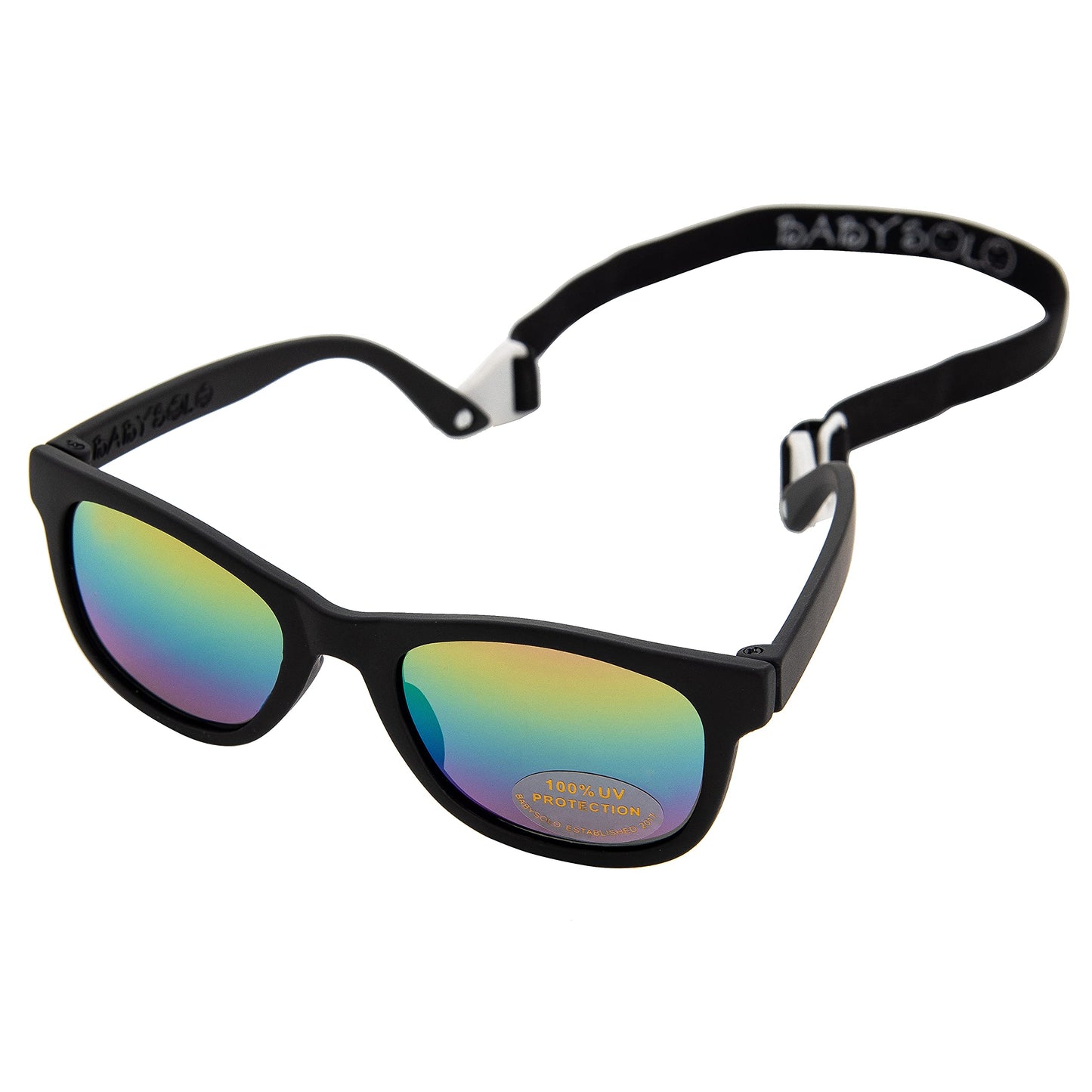 Baby Solo Babyfarer Baby Infant Sunglasses Safe, Soft, and Adjustable 0-24 Months (0-24 months, Matte Black Frame w/Rainbow Mirror)