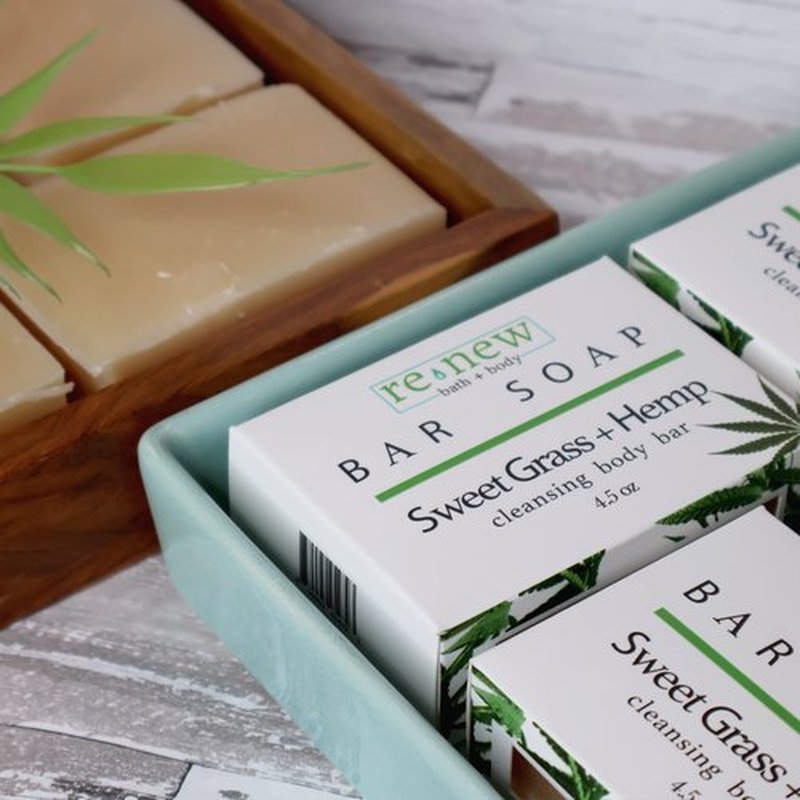 renew bath + body Natural Bar Soap, Sweet Grass & Hemp, Handmade in the USA by Cold Process with a Moisturizing Oil Blend Infused with Shea Butter - 5 Pack, 4.5 ounce bars