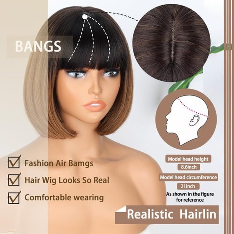 WERD Short Brown Bob Wigs for Women Light Brown Bob Wigs with Bangs 10Inch Synthetic Hair Brown Bob Highlight Wig for Daily Use Cosplay
