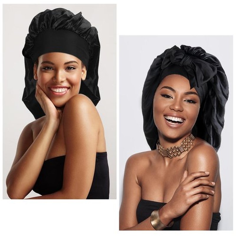 Arqumi 2 Pcs Satin Sleeping Bonnet, Large Satin Sleep Bonnet with Long Strap Tie Band, Adjustable Sleep Night Cap Hair Bonnet for Women & Men, Black+Black