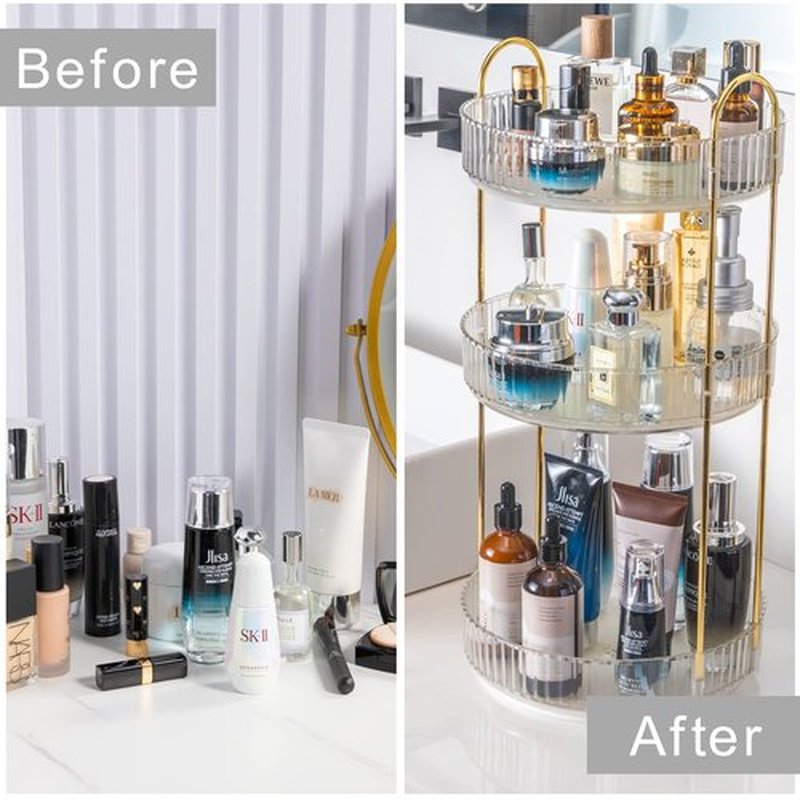 INVSSENE 360° Rotating Makeup Organizer, Bathroom Make Up Spinning Holder Rack, Large Capacity Cosmetics Storage Vanity Shelf Countertop, Fits Cosmetics, Perfume, Skincare, Lipsticks(1 Tier, Clear)