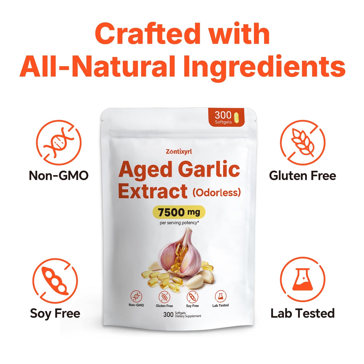 Zontixyrl Aged Garlic Extract Softgels - Odorless Formula for Heart & Immune Support | Max Strength | Non-GMO | Gluten-Free | 300 Softgels