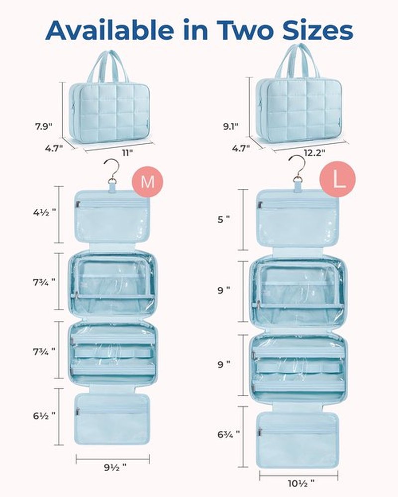 BAGSMART Travel Toiletry Bag with Jewelry Organizer, Hanging Travel Bag for Toiletries, Puffy Makeup Cosmetic Bag Organizer, Carry-on Travel Accessories Essentials, Light Blue-M