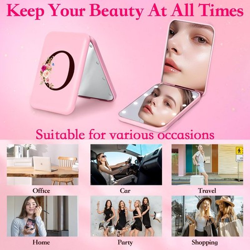 KEWWADB Travel Mirror with Lights, Initials Portable Compact Mirror, Travel Essentials, Suitable for Teen Girls, Young Women Gifts Ideas, Birthdays Gifts(Pink) (O)