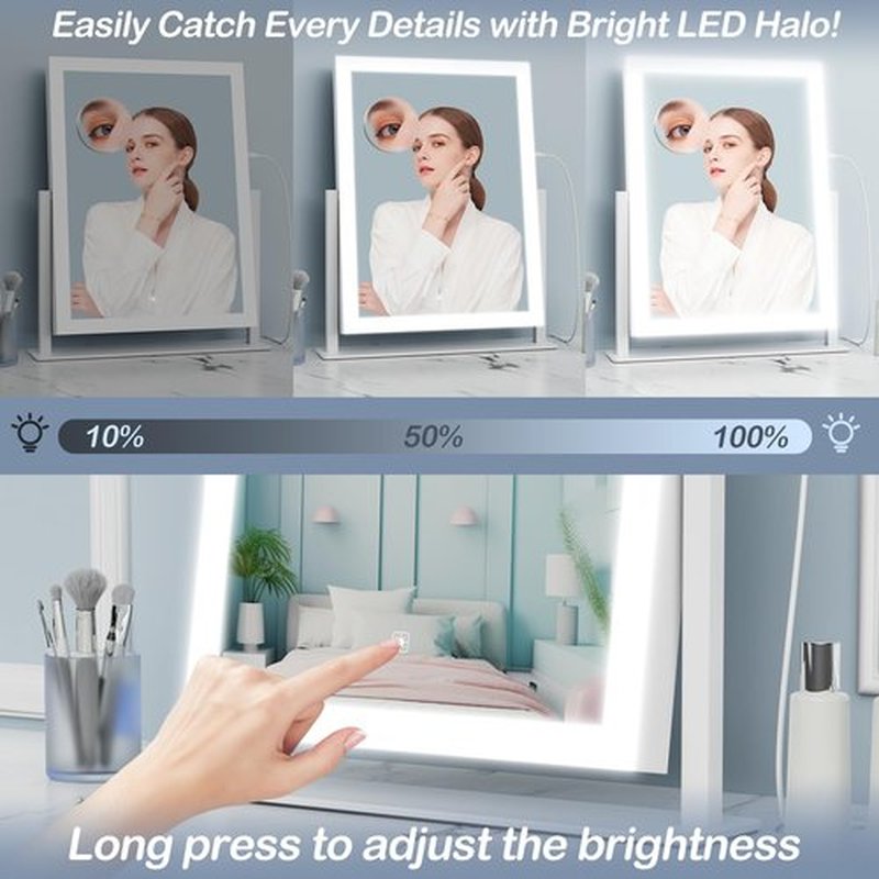 Gvnkvn Lighted Makeup Mirror, Hollywood Vanity Mirror with Lights, Three Color Lighting Modes, and Detachable 10X Magnification Mirror, Smart Touch Control, 360°Rotation (15.2in)