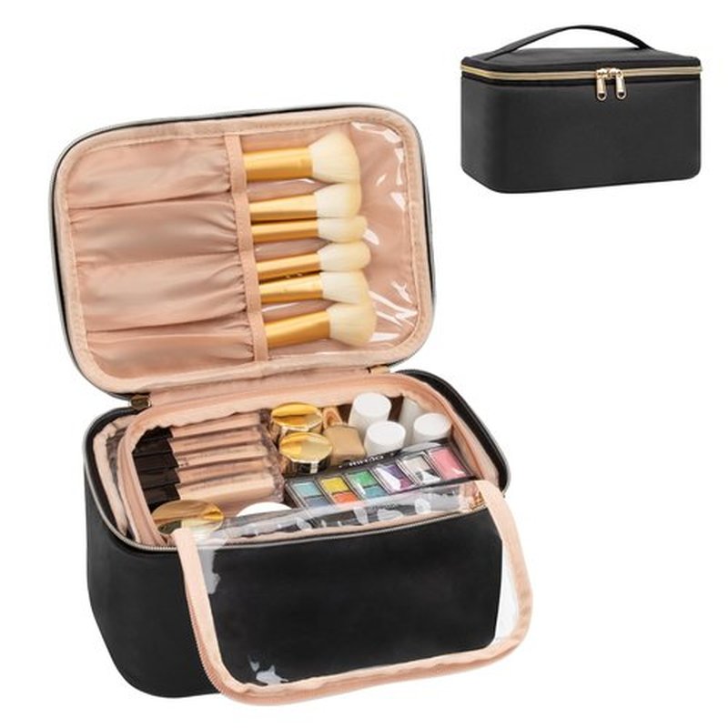 OCHEAL Makeup Bag,Travel Cosmetic Bag for Women,Large Clear Window Make Up Bag Organizer Case for Girls Cosmetics and Brushes Toiletries Accessories -Black
