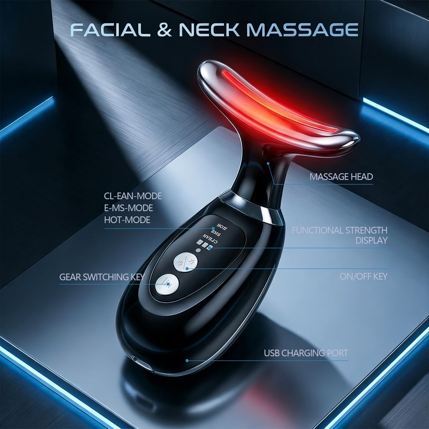 Facial and Neck Massager，7-Color Adjustable LED Lights, Heating and Vibration Functions;Red-Light-Therapy-for-Face Massager Suitable for The Face, Neck，Beauty and Skincare Gifts for Both Women Men