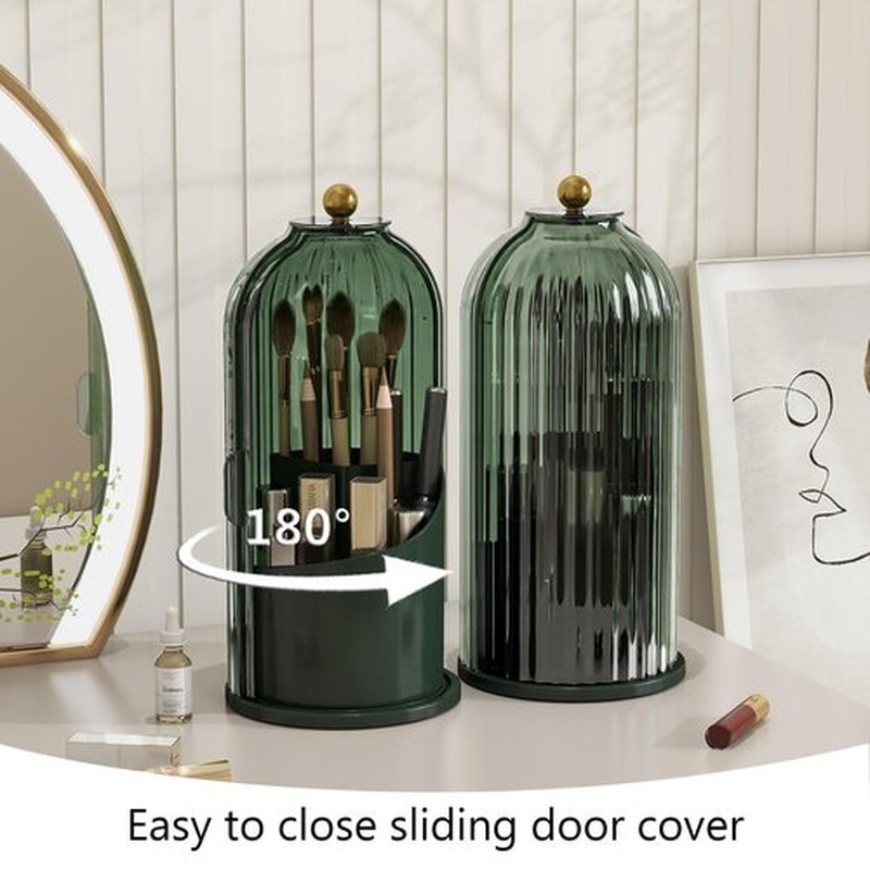 Emljkvp Makeup Brush Holder with Dustproof Cover 360 Rotating Makeup Brush Organizer for Vanity Bathroom, All Green