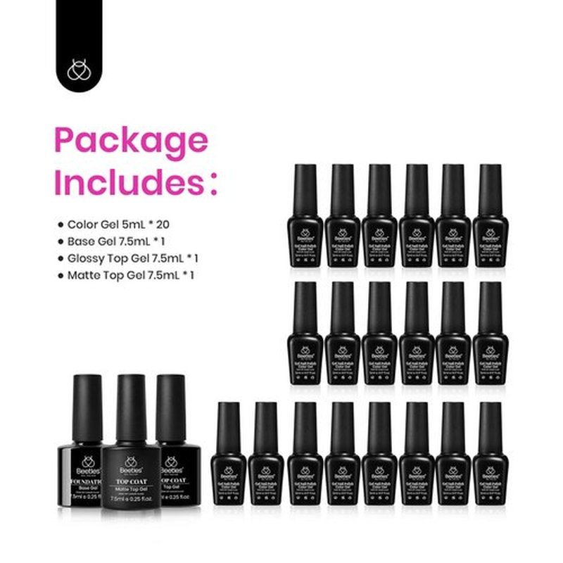 Beetles Neon Gel Nail Polish Set - 23 Pcs Glitter Hot Pink Yellow Orange Blue Clear Sparkle Soak Off UV Gel with Base Glossy&Matte Top Coat Gel Nail Polish DIY Manicure Rainbow Nails Gift for Women