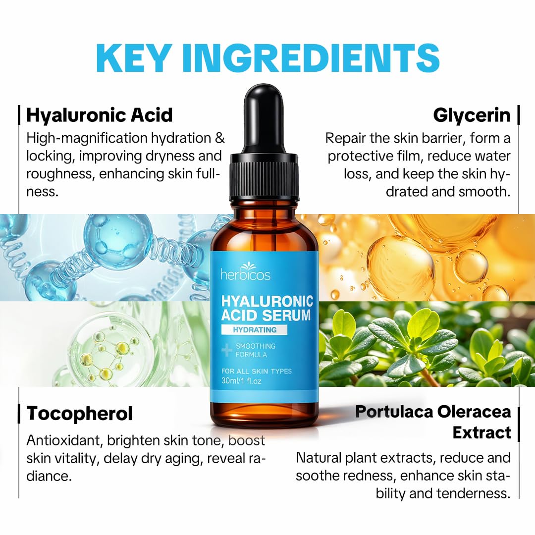 HERBICOS Hyaluronic Acid Serum for Face - 1 Fl Oz with Vitamin C, E & Jojoba Oil - Hydrating Anti-Aging Facial Serum, Brightens & Plumps Skin, Fast Absorbing Non-Sticky Formula