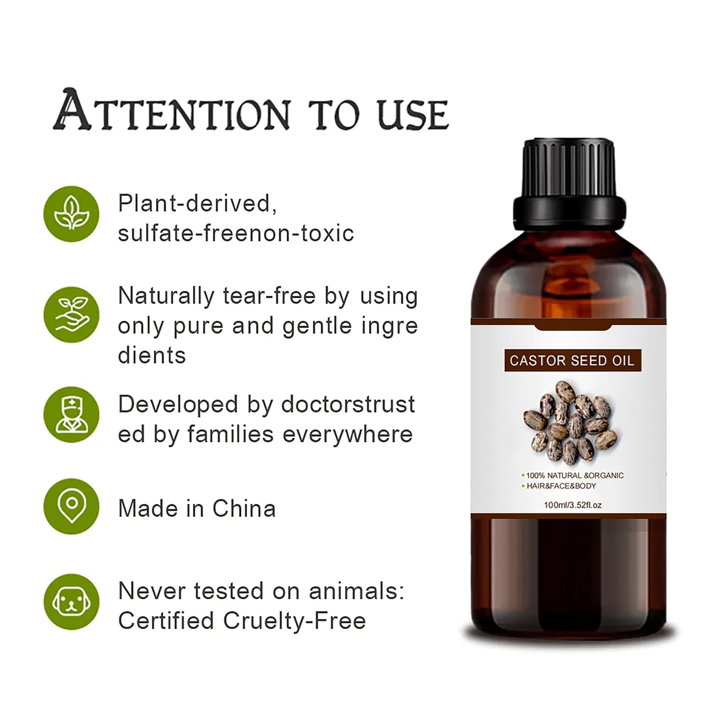 100% Pure Castor Essential Oil for Hair Growth,Non-GMO High Oleic Natural Organic Castor Seed for Skin,Dry Damaged Body & Face Moisturizing