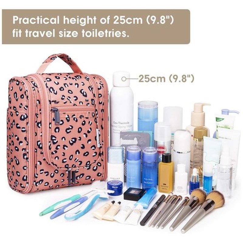 Narwey Small Hanging Toiletry Bag Women Travel Makeup Bag Organizer Toiletries Bag for Travel Size Essentials Accessories Cosmetics (Medium, Orange Leopard)