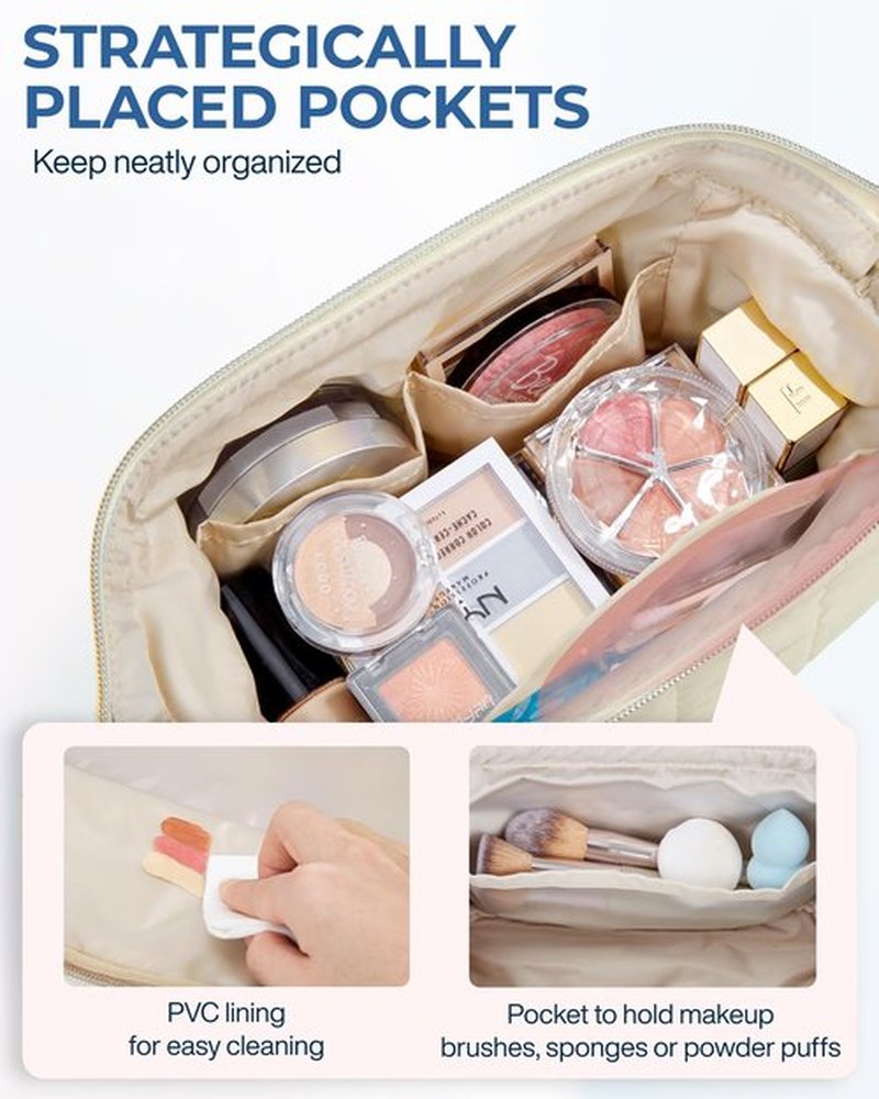 BAGSMART Makeup Bag Cosmetic Bag Wide Open, Beige, M, Wide-open Travel Makeup Bag With Puffy Padded and Rectangular Quilted