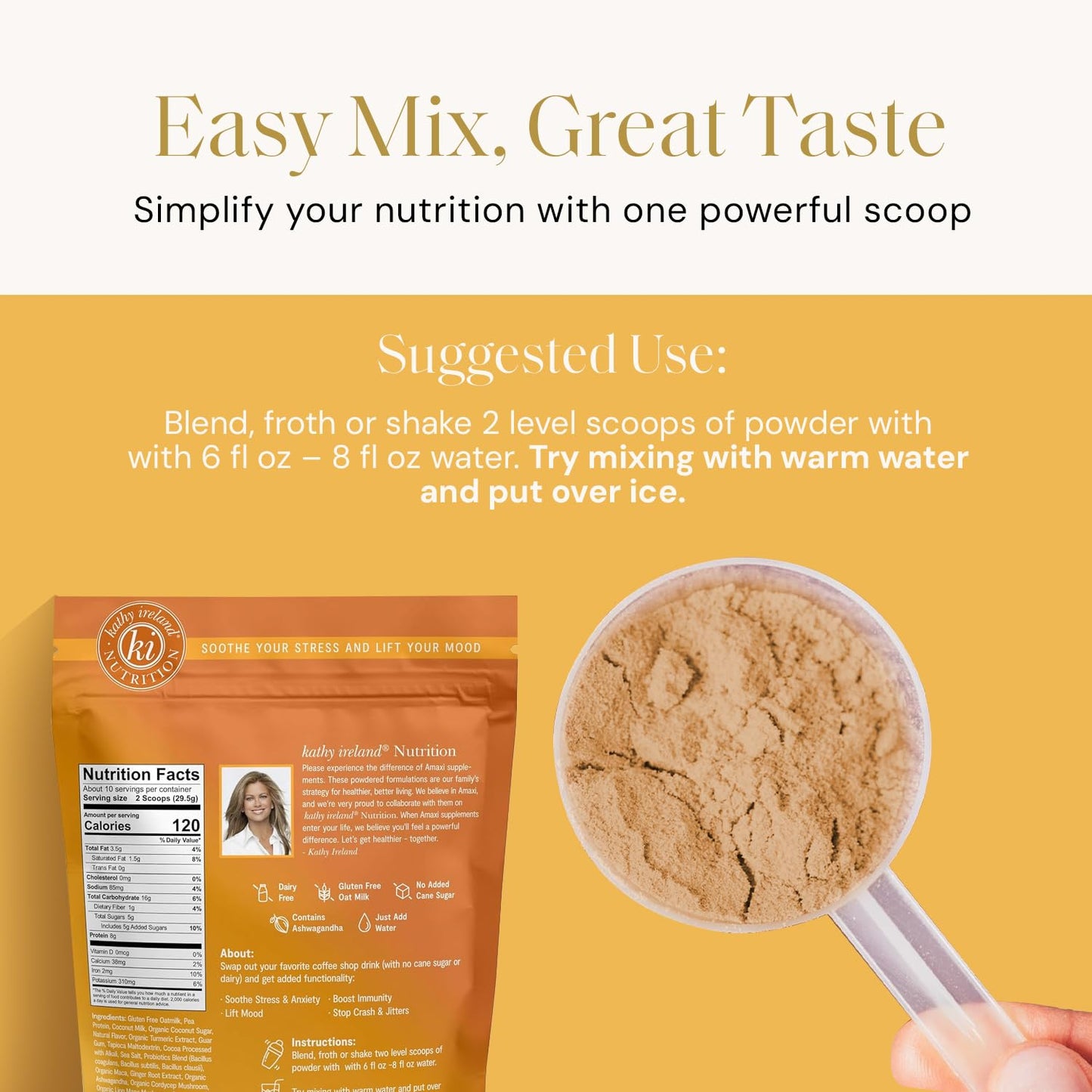 kathy ireland Oat Milk Powder, Plant-Based Golden Milk, Instant Beverage Mix with Mocha Flavor, Adaptogens, Mushrooms, Turmeric & Probiotics, Dairy-Free, 10.4 oz