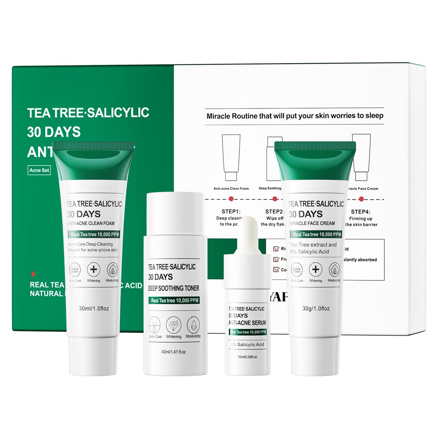 YAFUSIPE Tea Tree Salicylic Acid Facial Skin Care Set & kits, Mini Travel Size Set for Acne Prone Skin - Cystic Hormonal Acne Treatment with Face Cleanser Toner Serum Cream Moisturizer Gifts for Women