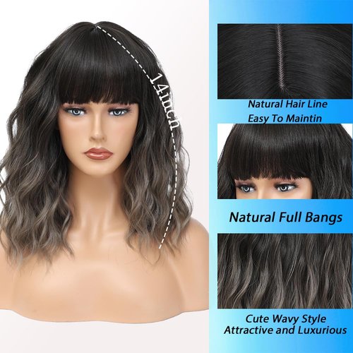 Short Wavy Gray Wig with Bangs 14inch Ombre Grey Highlight Brown Wigs for Women Short Curly Bob Wigs Synthetic Natural Looking Hair Replacement Wigs Costume Cosplay Halloween Wig(14'' Ombre Gray)