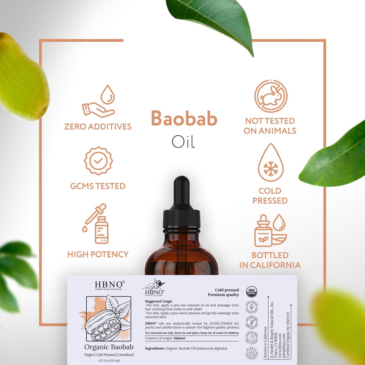 HBNO Organic Baobab Oil - 4 OZ (120 ml) Value Size - Natural Baobab Oil, Cold Pressed - Perfect Carrier Oil for Massage, Aromatherapy, DIY, Soap Making, Face, Body, Lips, Hair, Nails