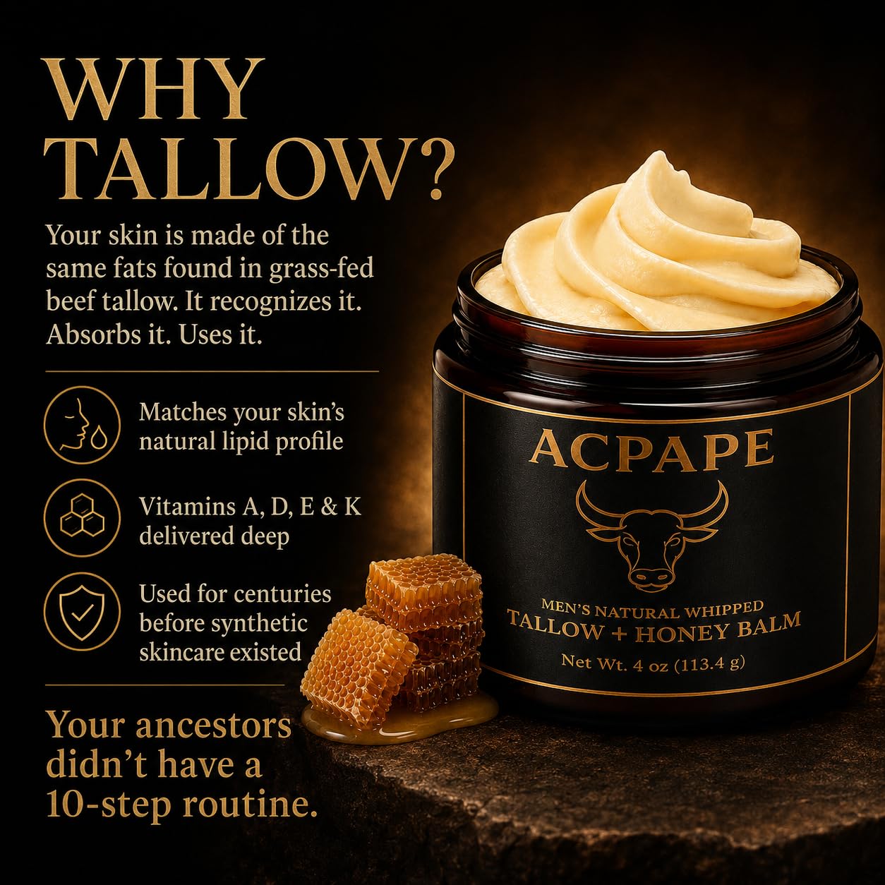 Acpape Beef Tallow for Skin — Men's Natural Whipped Tallow and Honey Balm | Grass-Fed Beef Tallow Face & Body Moisturizer for Men | Tallow Balm with Jojoba Oil, Olive Oil, Beeswax & Raw Honey | 4 oz