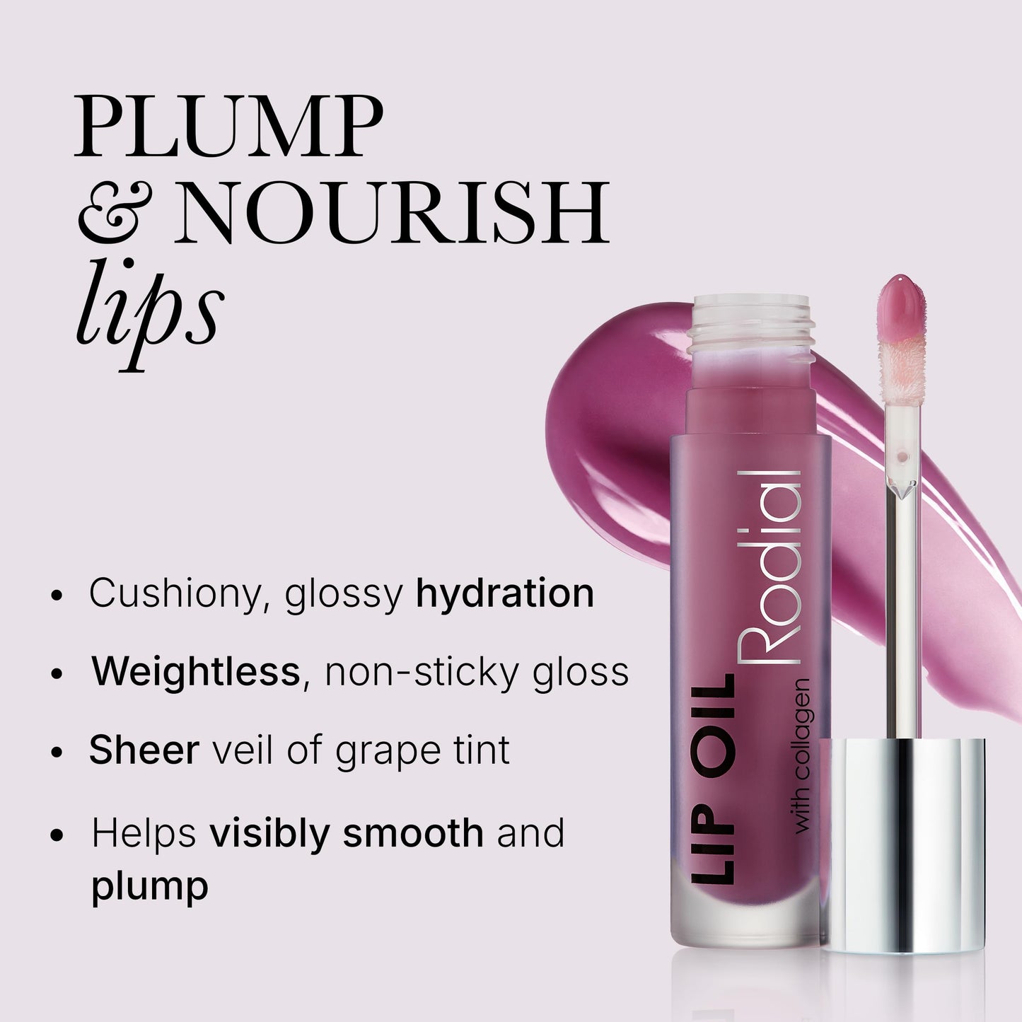 Rodial Lip Oil with Plumping Collagen 4ml - Hydrating Vegan Lip Oil for Fuller, Smoother Lips, Nourishing Lip Care with Cherry, Jojoba & Macadamia Oils, Sheer Grape Gloss Finish