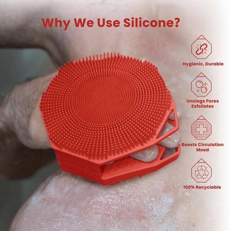 iTokGoK® Premium Silver-Infused 2-in-1 Silicone Body Scrubber, Double-Sided Design Body Brush Silicone Body Scrubber Exfoliating Body Brushes for All Skin for Showering, Lathers Well- Red