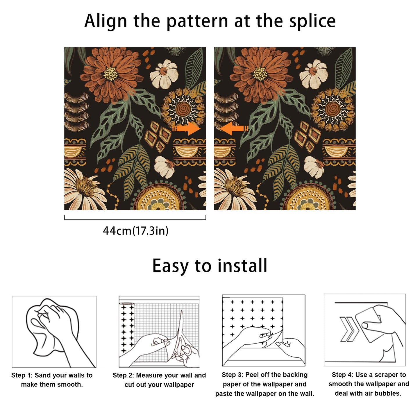 JiffDiff Boho Peel and Stick Wallpaper 17.3" x 120" Vintage Sun Floral Retro Removable Contact Paper Dark Botanical Flowers Bathroom Bedroom Renter Friendly Wall Mural