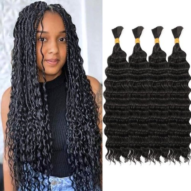 Deep Wave Bulk Hair 24inch 400g,Deep Bulk Hair For Braiding Hair Wet And Wavy Quality Synthetic Micro Braiding Hair Extensions for Boho Braids No Weft (24inch 4Pack Natural Color）