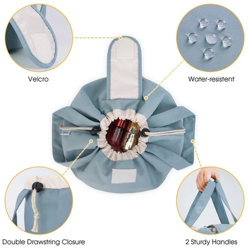 Barrel Drawstring Makeup Bag Large Cosmetic Bag Make up Bags Toiletry Organizer for Women (Greyish Blue) (Patent)