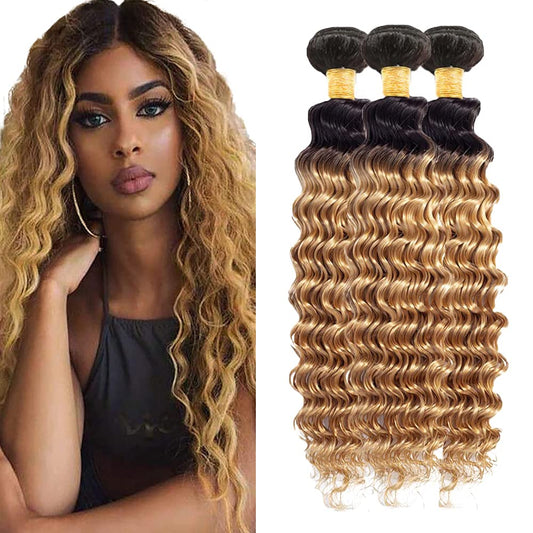 24 26 28 Inch Ombre Deep Wave Bundles Human Hair Honey Blonde Bundles 1b27 Ombre Bundles Brazilian Human Hair Virgin Remy Hair for Black Women 3 Bundles Double Weft 100g/Pc