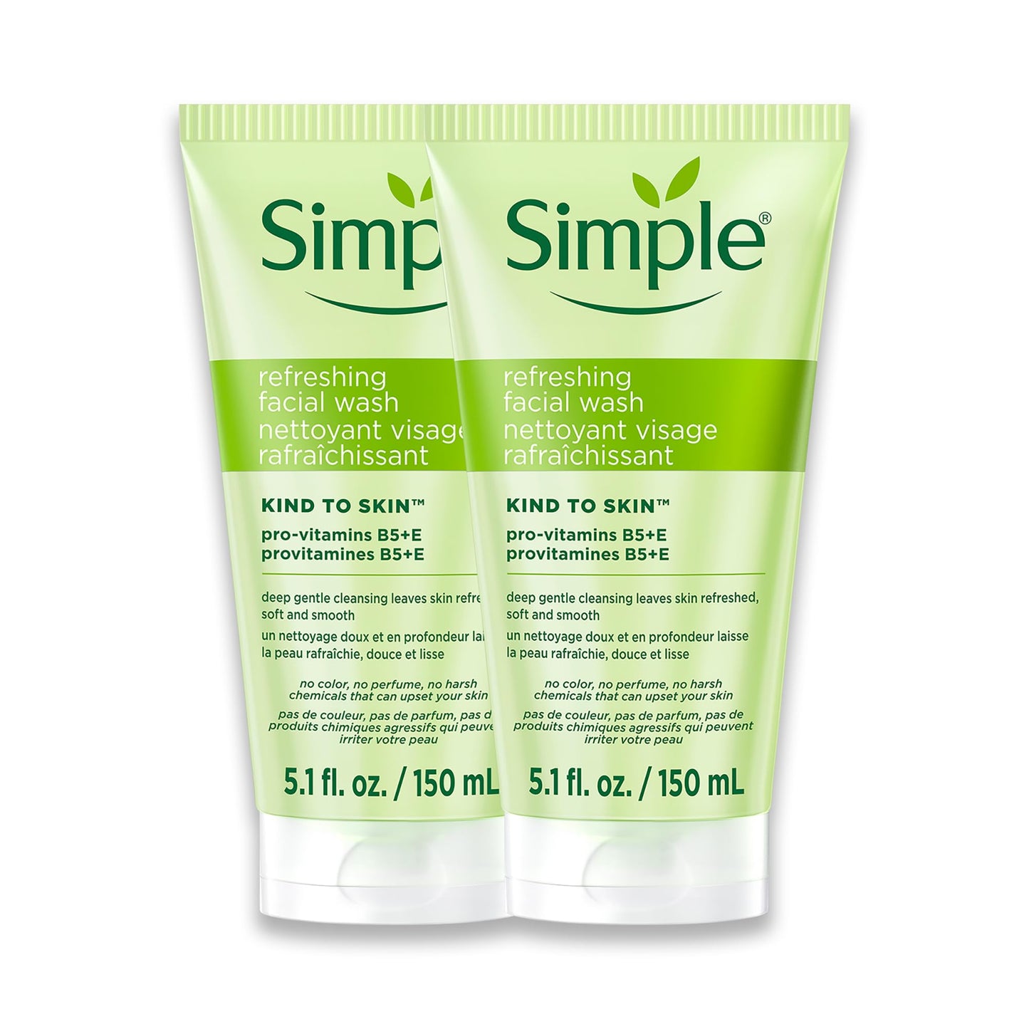 Simple Kind To Skin Refreshing Face Wash - Facial Cleanser with Vitamin B5 and E - Strengthens and Smooths Skin - Vegan, No Harsh Chemicals - 2 pc