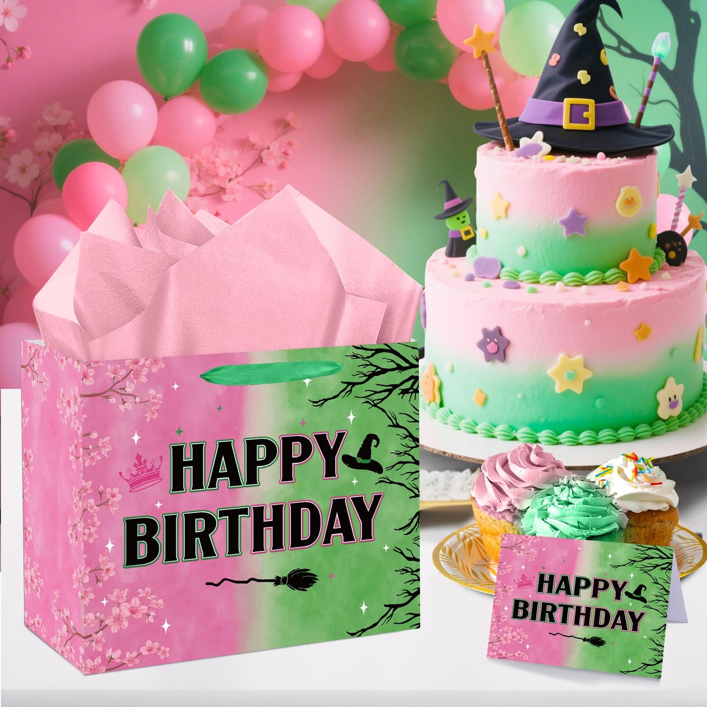 aqwithaj Witch Birthday Gift Bag for Girl Pink And Green Birthday Bag with Wrapping Paper and Greeting Card Musical Witch Hat Crown Movie Theme Paper Bags Gift Box for Friendship Bday Party Supplies