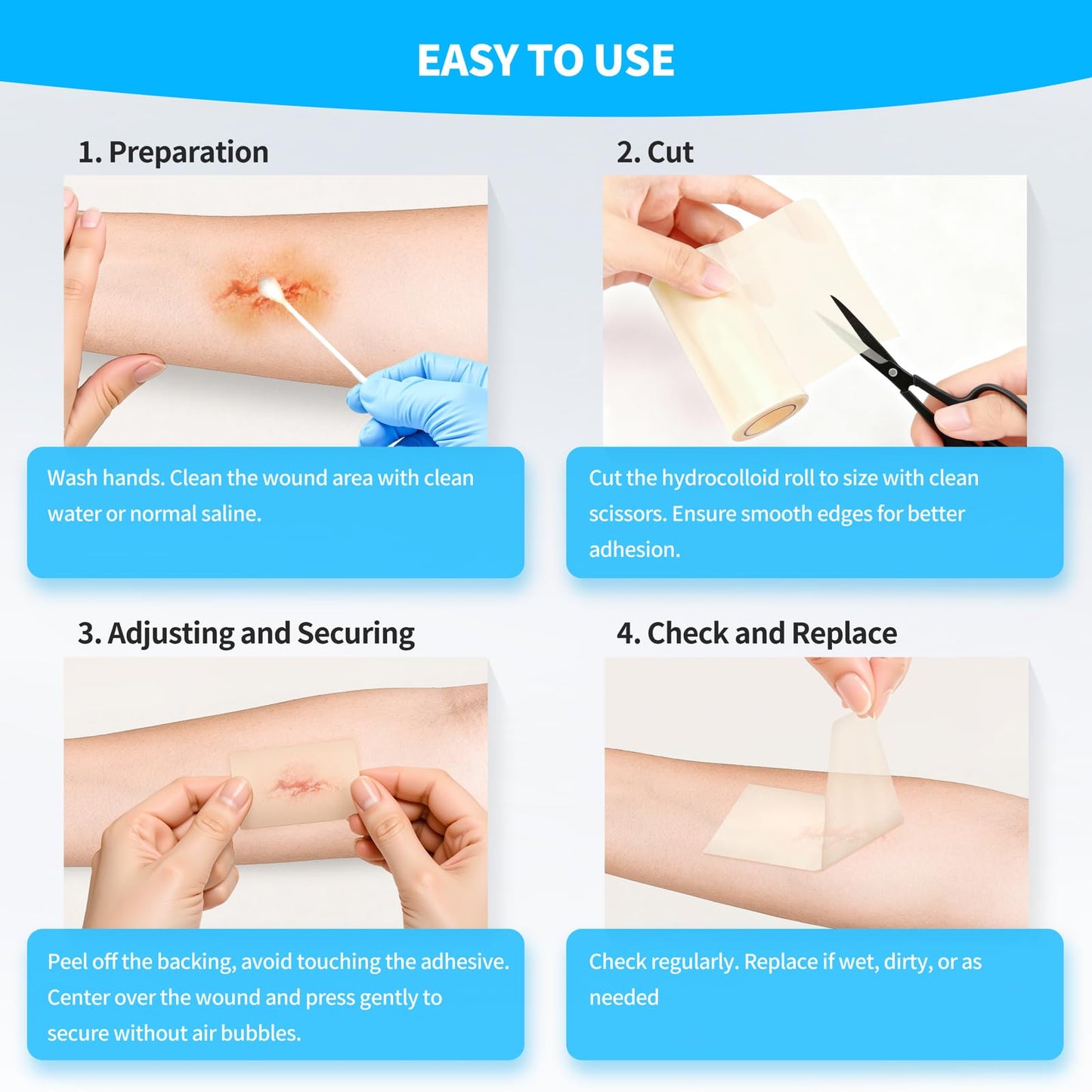 Hydrocolloid Bandages Roll 4" x 80",Hydrocolloid Roll for Wound Care,20 Pcs Ultra Thin 4" x 4" Large Patch Bandages with Self-Adhesive(Cut-to-Size),Hydrocolloid Wound Dressing,Sterile and Waterproof