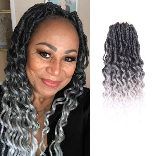 Deep Faux Locs Crochet Hair With Curly Ends 14 Inch Soft Locs Pre looped Goddess Locs Crochet Hair Deep Wave Crochet Braids for Women Locs Crochet Hair(Black to white)