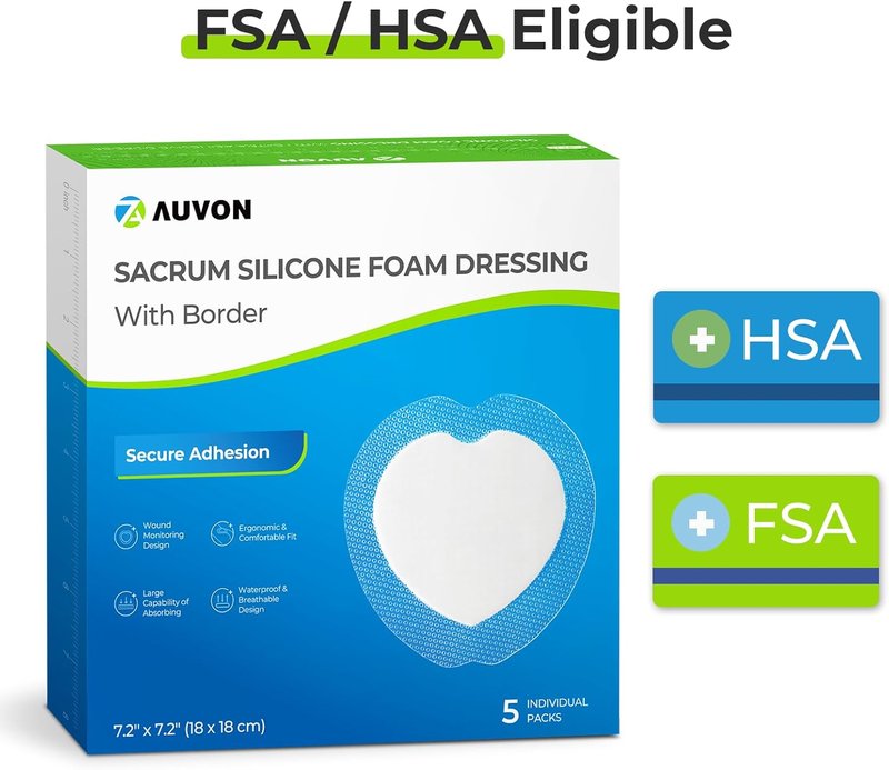 AUVON Sacral Silicone Foam Dressing - Waterproof & Breathable Wound Care | 7"x7", Box of 5 Pads