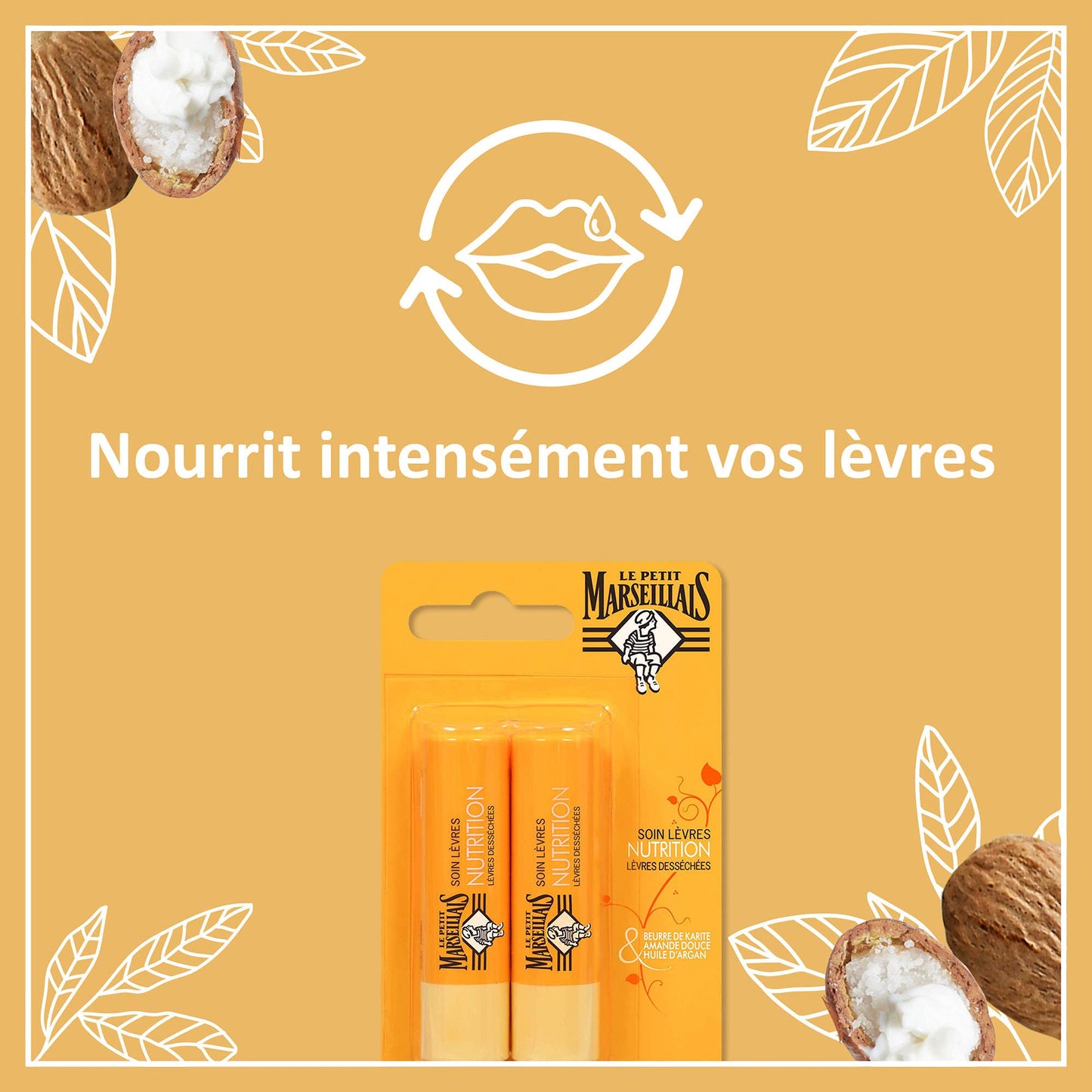 Le Petit Marseillais | Soin Lèvres Nutrition Lèvres Desséchées (2 tubes de 4,9 g) – Baume à lèvres au beurre de karité, amande douce et huile d'argan – Stick à lèvres nourrissant