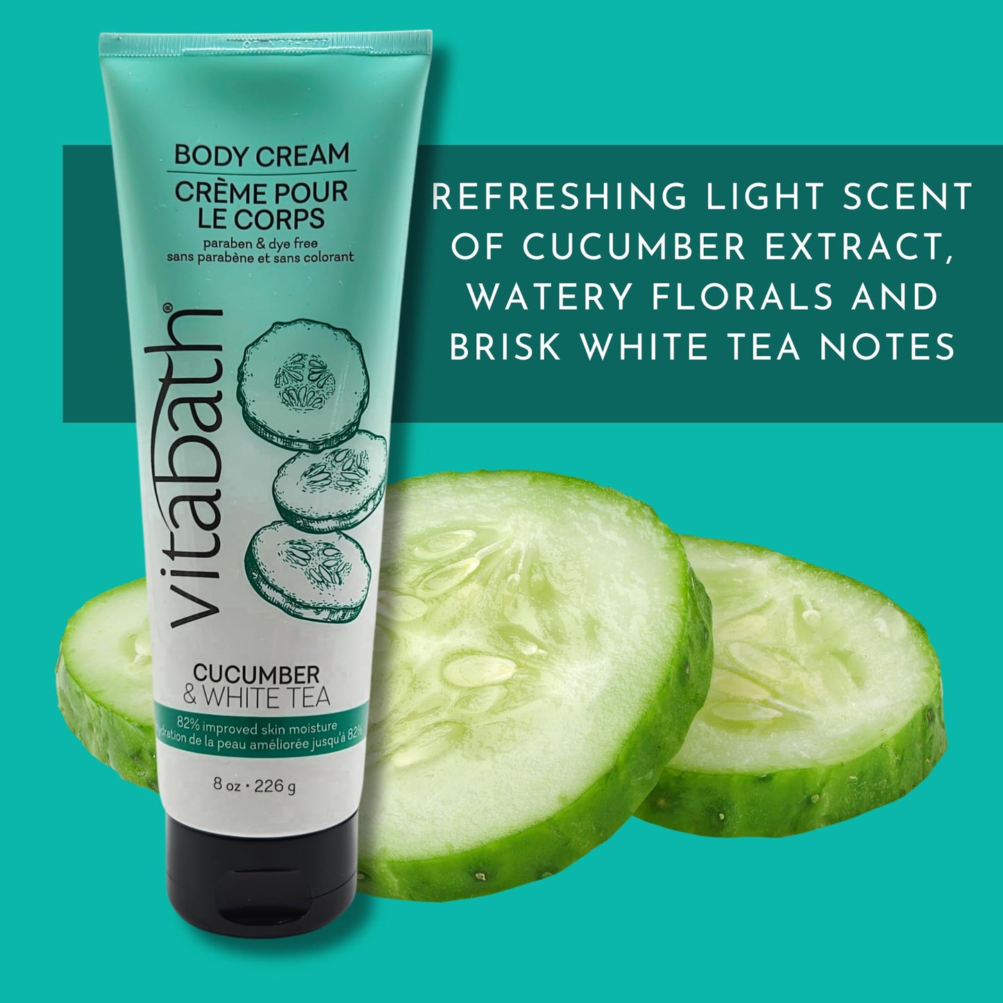 Vitabath Cucumber & White Tea Moisturizing Body Cream - Soothing Hydration Vitamin & Nutrient Skin Care - Replenishing All Over Dry Skin Lotion Moisturizer for Women & Men - 8 Ounce