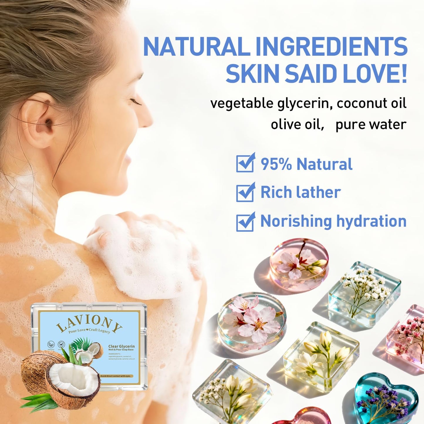 Soap Base - Moisturizing Melt Pour Soap Base for Crafting Soap Making, Pre-Cut, All Natural Gentle on Skin, Vegan&Cruelty-Free, SLS/SLES Free, Organic Soap Base (80 Ounce (Pack of 1), Clear Glycerin)
