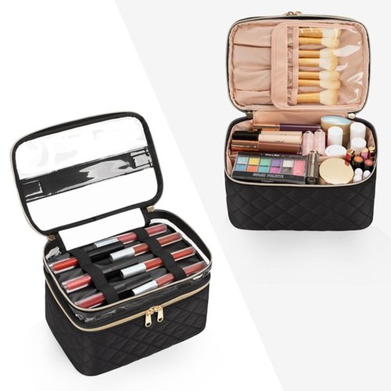 OCHEAL Makeup Bag, Double layer Cosmetic Cases Travel Makeup Organizer Toiletry Bags Large Make Up Bag For Women Girls with Adjustable Dividers and Brush Organize Area -Black Rhombus