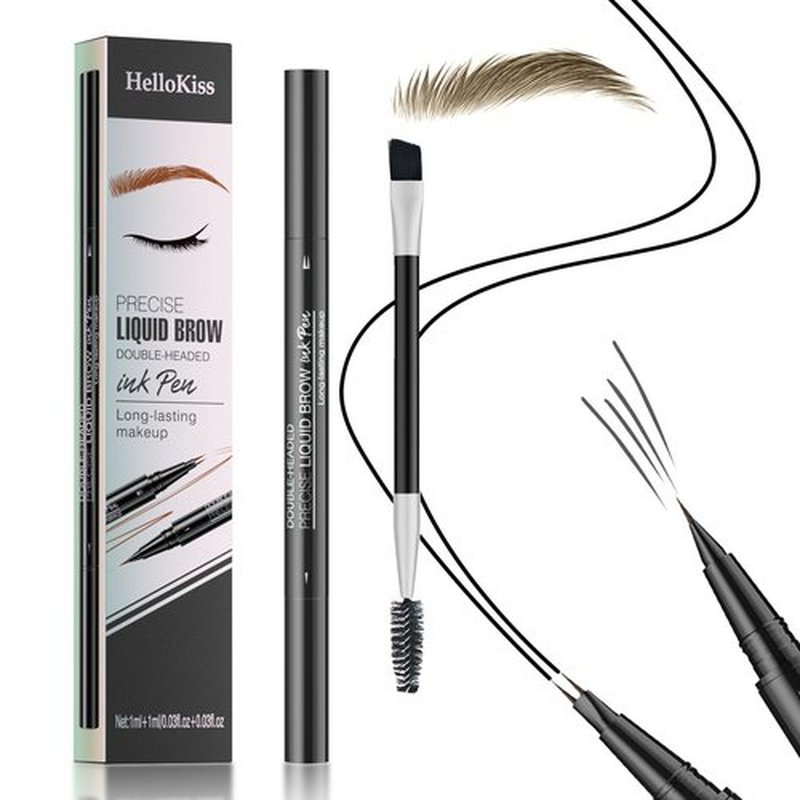 Eyebrow Pen, Curved Microblading Eyebrow Pencil, 2-in-1 Dual-Ended Natural Brow Eyebrow Pen with Micro-Fork-Tip and Precise Brush-Tip, Waterproof Long-Lasting Microblading Eyebrow Pen, Light Brown
