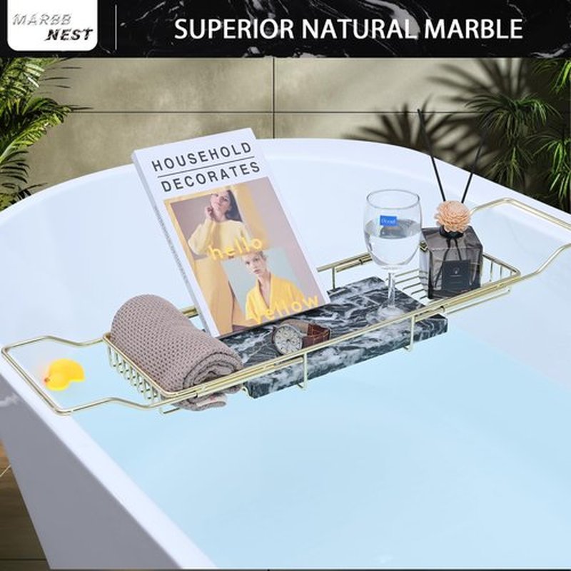 MARBBNEST Bathtub Tray Caddy for Luxury Bath Expandable Extra Wide Bath Tub Tray with Natural Marble Tray and Mobile/Tablet Stand, Ideal for Home Spa Lovers(Gold + Large Flower Green)