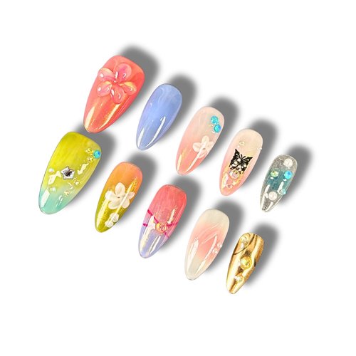 Wsliana Handmade Press On Nails - Almond Shape with Multicolor 3D Embossed Design, 10pcs Glue On Acrylic Fake Nails with Storage Box | Stylish & Long-Lasting Nail Kit (060 S)