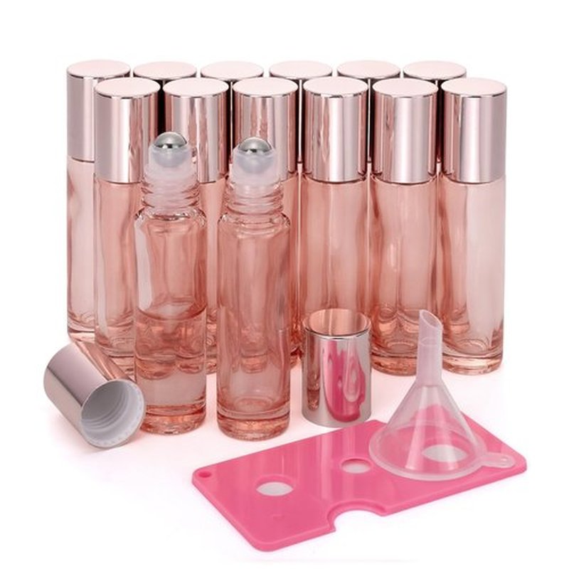 Kesell 14-Pack 10ml Glass Roller Bottles for Essential Oils - Travel- Refillable Perfume Bottles with Stainless Steel Roller Balls, Caps - Funnel for Aromatherapy, Perfumes