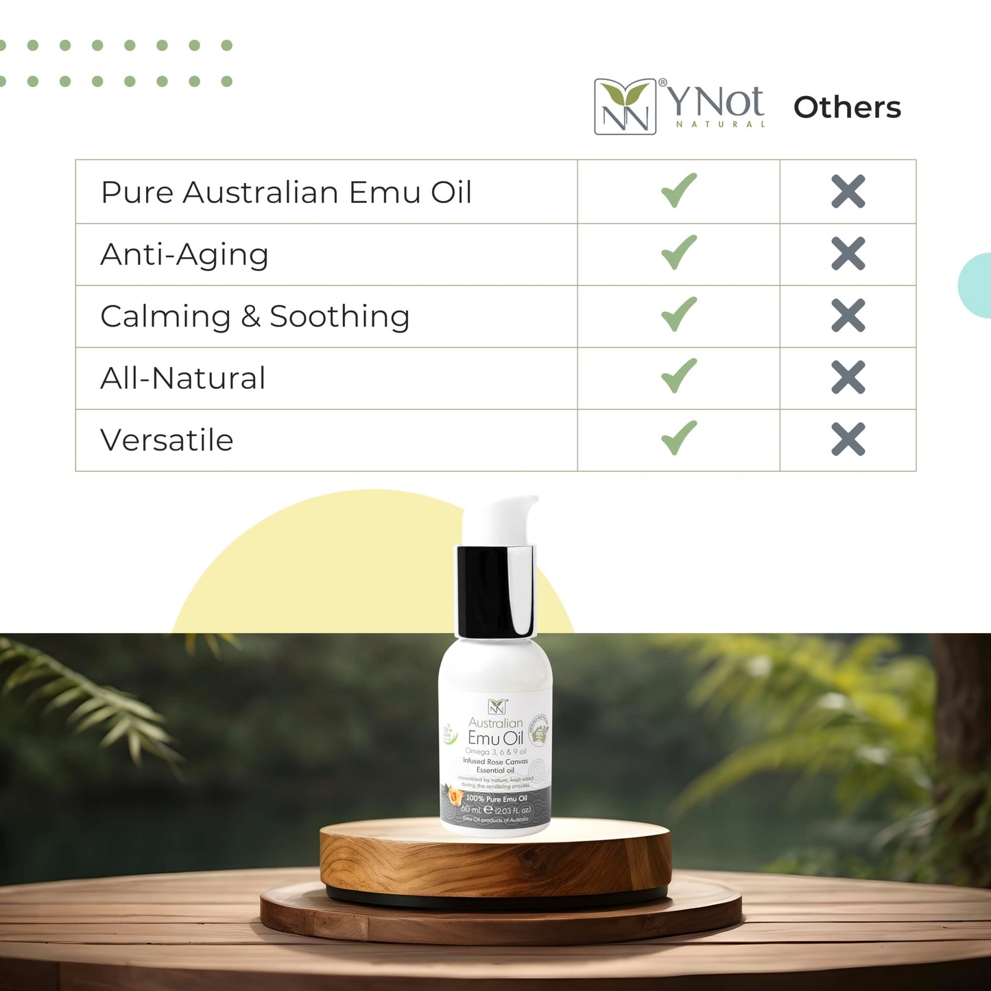 Y Not Natural Pure Emu Oil - Organic Moisture for Face, Body, Hair, Scalp & Nails - Rich in Omega 3-6-9, Vitamins & Essential Minerals - Australian Emu Oil (60ml) 2.03 fl oz - Sandalwood