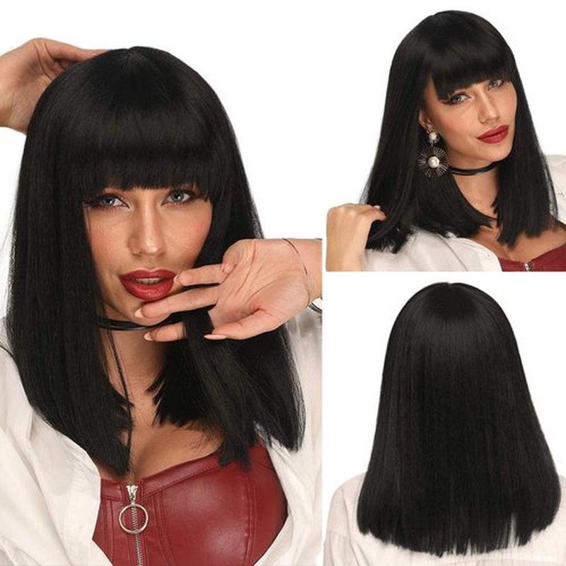Ebingoo 14 Inches Short Black Bob Wigs with Bangs+Wig Cap Black Bob Wigs for Women Black Shoulder Length Wig Straight Black Wig for Halloween Party Heat Resistant Wig for Daily Wear