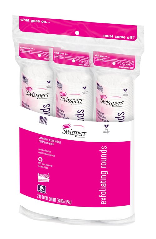 Swisspers Premium Exfoliating Cotton Rounds – 80 Count (Pack of 3) – 100% Pure Cotton, Dual-Sided Surface Pads for Gentle Exfoliation, Optimal Cleansing and Makeup Removal