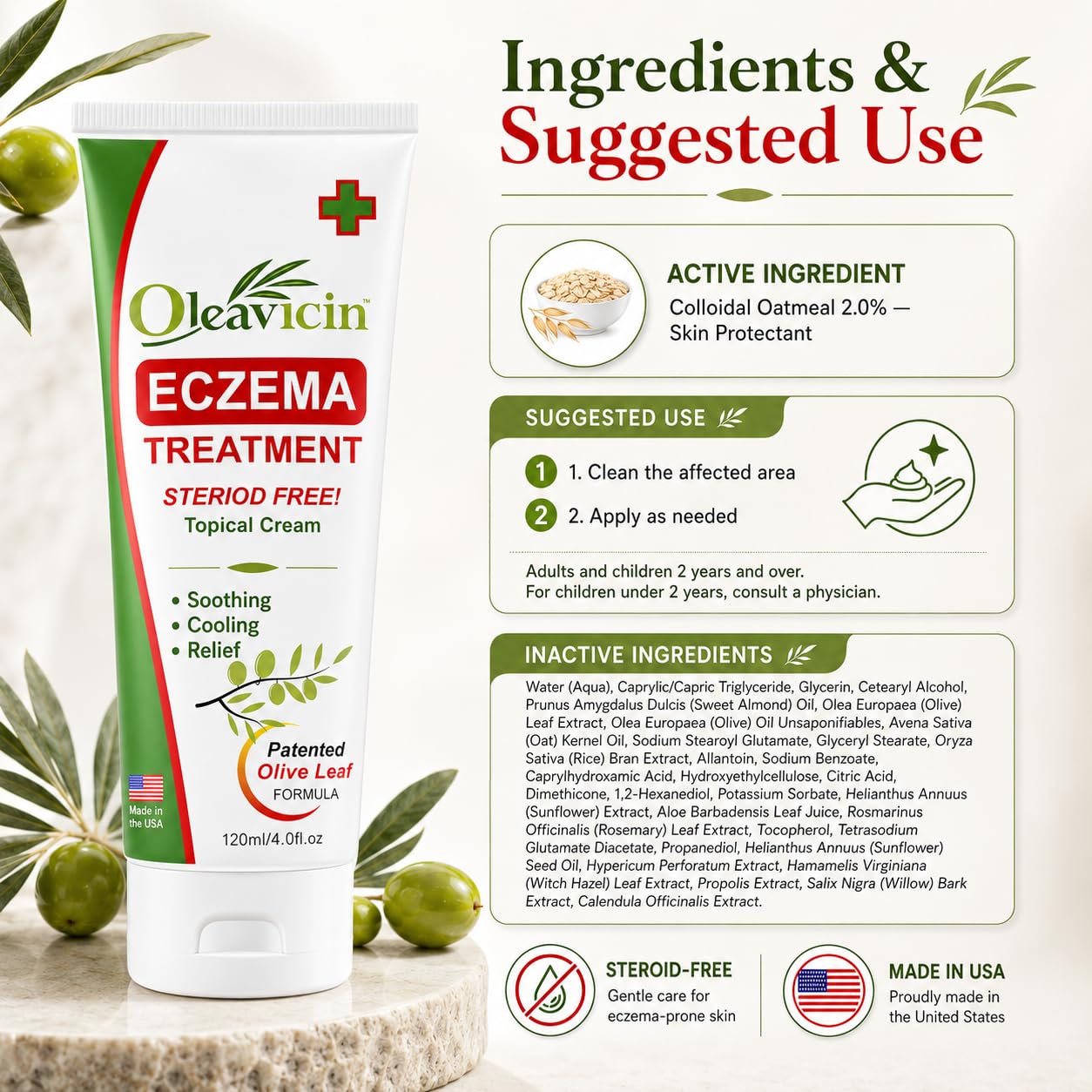 Oleavicin Eczema Treatment Cream (3 Pack) - Anti Itch & Psoriasis Relief for Dry, Itchy, Irritated Skin - Steroid-Free with Organic Olive Leaf Extract - Soothing for Sensitive Skin, Kids & Adults