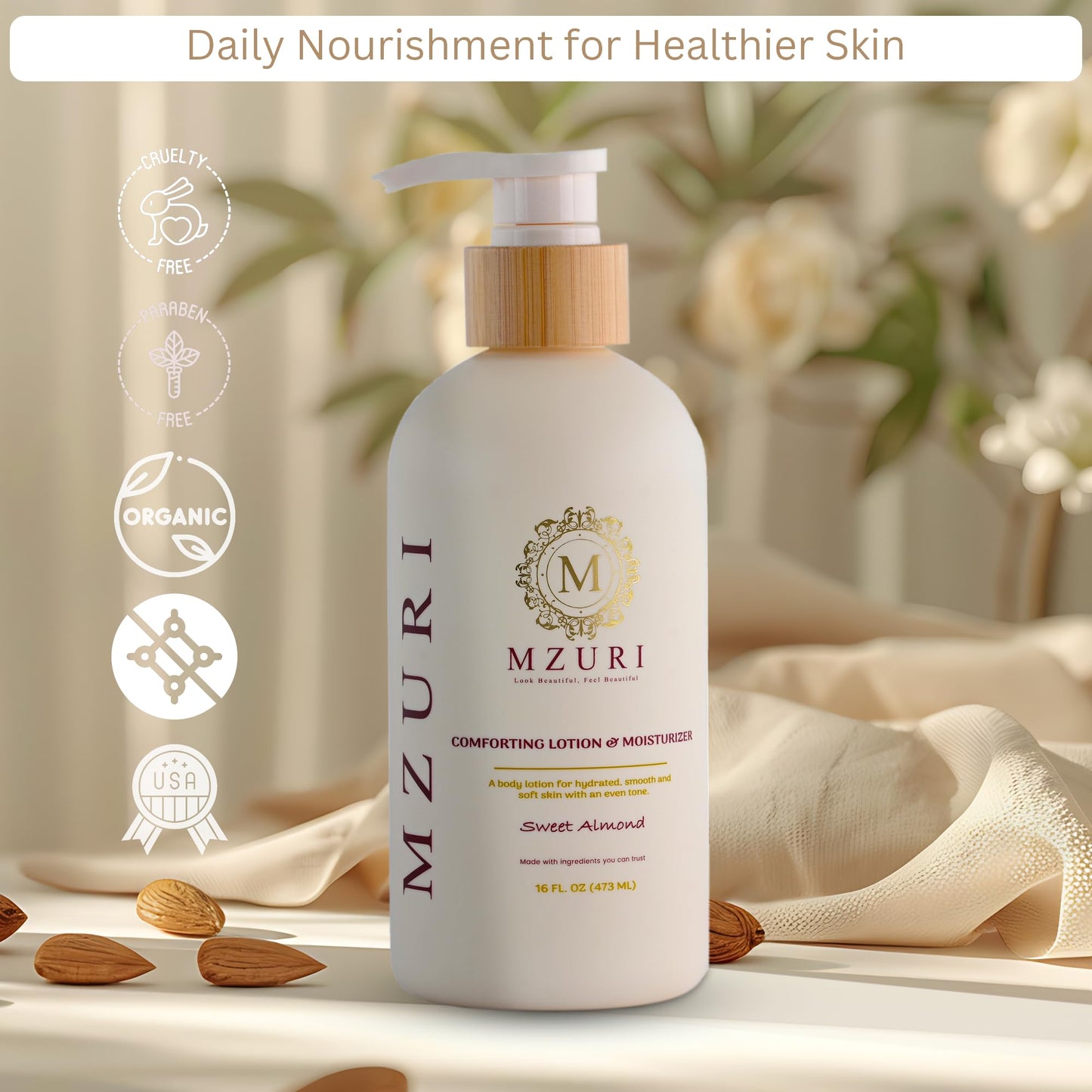 MZURI Body Lotion & Moisturizer – Sweet Almond Oil | Lightweight, Fast-Absorbing Hydrating Body Lotion for Dry, Sensitive Skin | Paraben-Free Daily Body Care for Women & Men | 16 fl oz