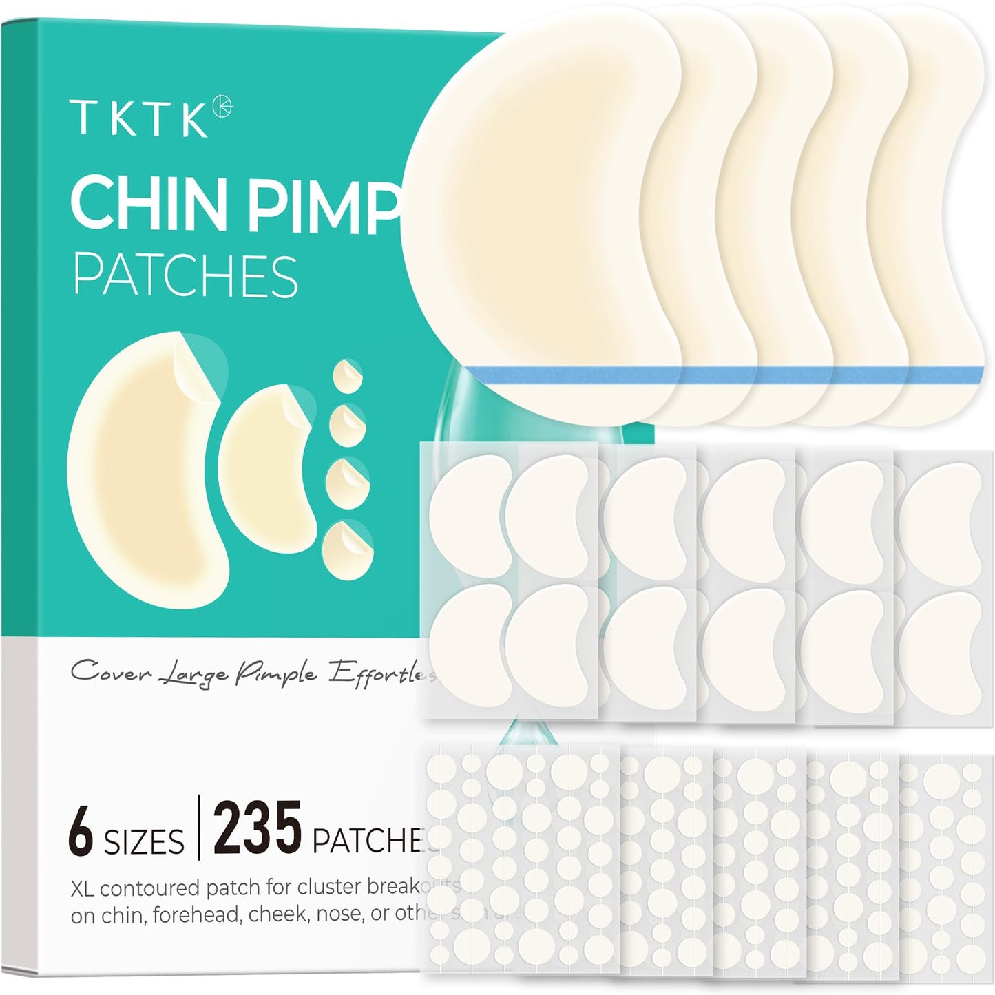 TKTK Chin Pimple Patches (235 Count 6 Sizes), XL Contoured Hydrocolloid Chin Patch 62x42 mm, Large Acne Patch for Face Blemishes Zit Breakouts, Maximum Absorption Overnight Stickers